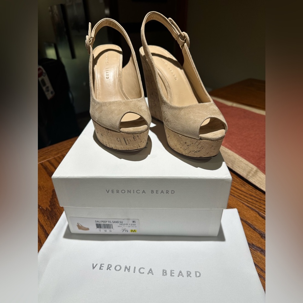 Veronica Beard Suede Dali Peep Toe Wedge Heel sz 7.5 Sand color Slingback